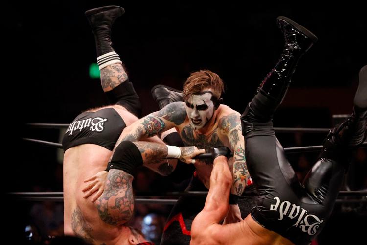 Danhausen conquering Blade and Butch during the All Elite Wrestling (AEW) Dynamite event at the Cow Palace on Wednesday, March 1, 2023.